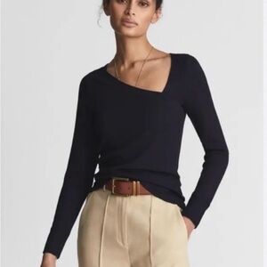 Reiss Carly Asymmetrical Neckline Navy Long Sleeve Top XS